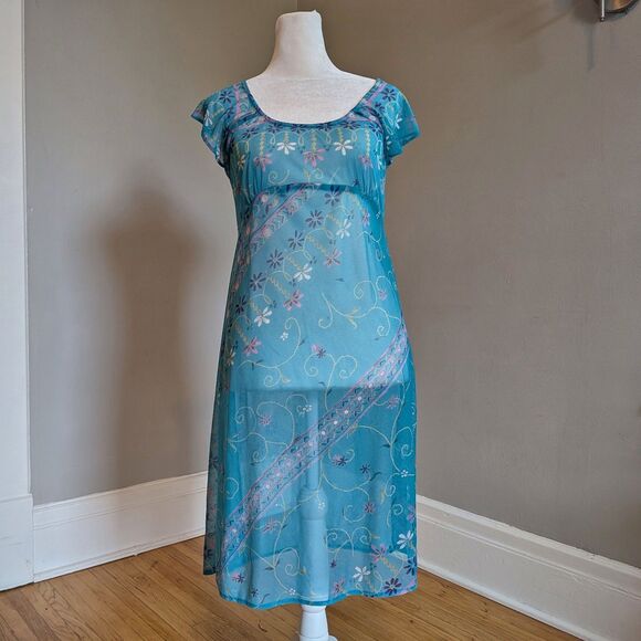 Vintage Dresses & Skirts - Vintage Y2K Floral Mesh Overlay Mini Dress, Empire Waist, Fairycore, Size 4P